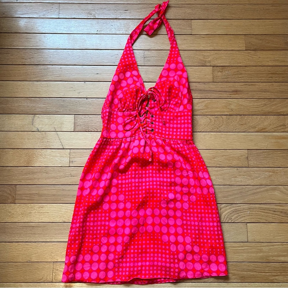 True Vintage Neon Pink Lace Up Halter Mini Dress size XS